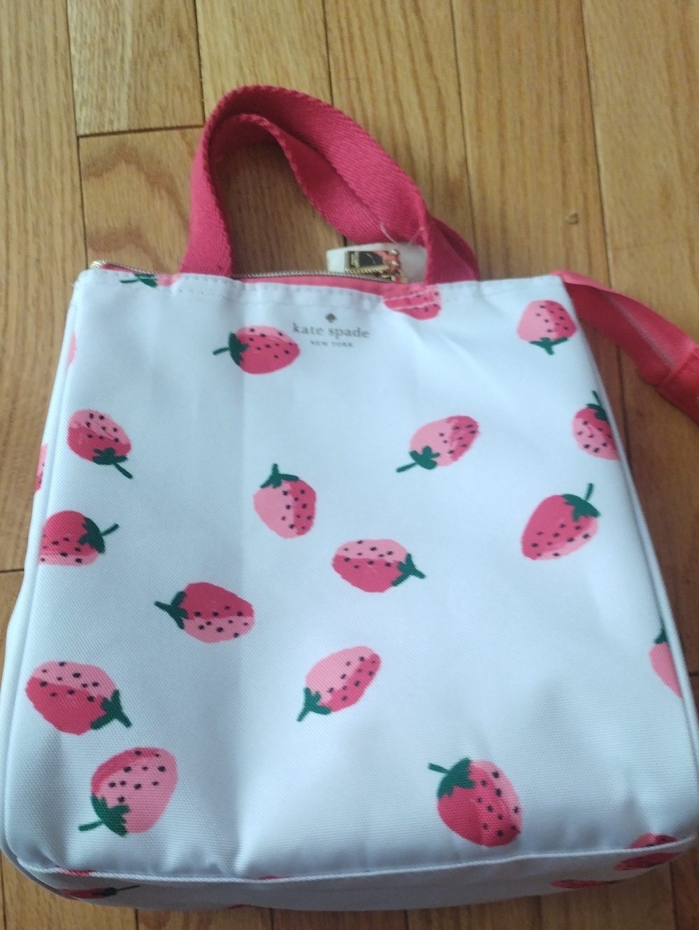 kate spade White Strawberry Print Tote with Pink Handles